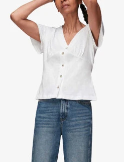 Whistles V-neck Button Placket Cotton T-shirt -Closet By She R03750199 WHITE ALT03