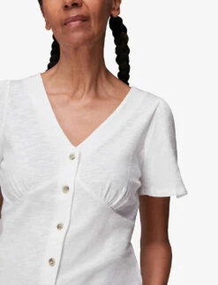 Whistles V-neck Button Placket Cotton T-shirt -Closet By She R03750199 WHITE ALT04