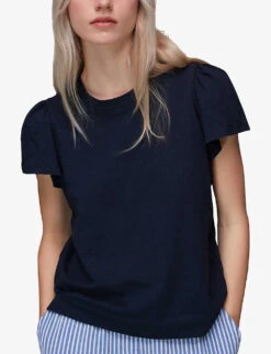 Whistles Round-neck Frilled-sleeve Cotton T-shirt -Closet By She R03950705 NAVY ALT02