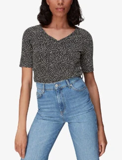 Whistles Ink Leopard-print Ruched Woven T-shirt -Closet By She R03963065 BLACK ALT02