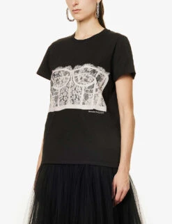 Alexander McQueen Lace-print Cotton-jersey T-shirt -Closet By She R03980604 BLACKSHELL ALT02