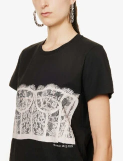 Alexander McQueen Lace-print Cotton-jersey T-shirt -Closet By She R03980604 BLACKSHELL ALT04