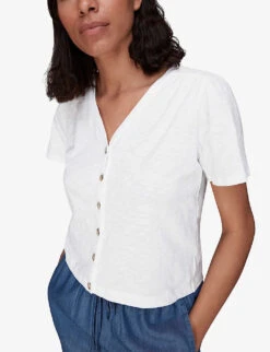 Whistles Maeve Buttoned Cotton-jersey T-shirt -Closet By She R03983237 WHITE ALT02