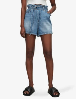 AllSaints Palmer High-rise Paper-bag Waist Denim Shorts -Closet By She R04008766 MIDINDIGOBLU ALT02