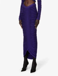 ALAIA Ribbed-pattern Ruched Velvet Midi Skirt -Closet By She R04076336 ULTRAVIOLET ALT02