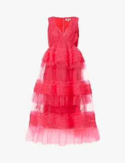 Tier V-neck Mesh Maxi Dress