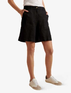 Longline Relaxed-fit Linen Shorts -Closet By She R04097408 BLACK ALT02