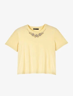 Maje Embellished-neckline Cotton-jersey T-shirt