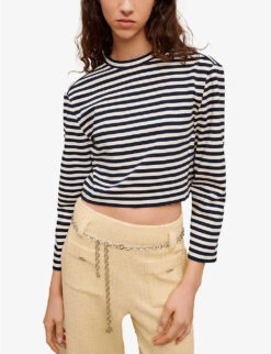 Maje Timarin Stripe-print High-neck Cropped Jersey T-shirt -Closet By She R04101773 BLANC ALT02