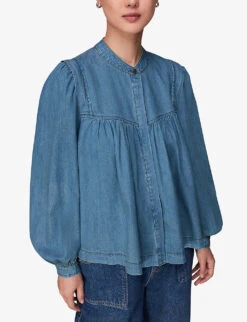Whistles Mollie High-neck Chambray Denim Blouse -Closet By She R04109039 BLUE ALT02