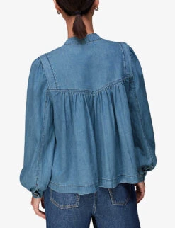 Whistles Mollie High-neck Chambray Denim Blouse -Closet By She R04109039 BLUE ALT03