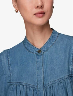 Whistles Mollie High-neck Chambray Denim Blouse -Closet By She R04109039 BLUE ALT04