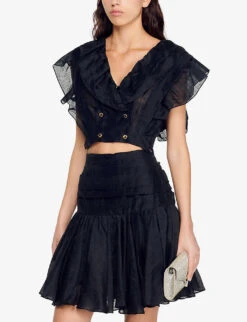 Sandro Ruffled Linen-blend Mini Skirt -Closet By She R04111267 NOIRGRIS ALT02