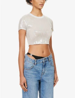 ALEXANDER WANG Sequin-embellished Cropped Woven T-shirt -Closet By She R04117974 SNOWWHITE ALT02