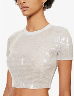 ALEXANDER WANG Sequin-embellished Cropped Woven T-shirt -Closet By She R04117974 SNOWWHITE ALT04