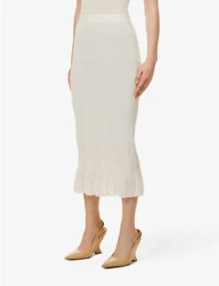 Bottega Veneta Slim-fit Flared-hem Cotton-blend Knitted Midi Skirt -Closet By She R04121136 CHALK ALT02