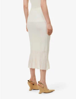 Bottega Veneta Slim-fit Flared-hem Cotton-blend Knitted Midi Skirt -Closet By She R04121136 CHALK ALT03
