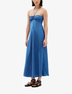 CLAUDIE PIERLOT Ravie Halterneck Gathered Satin Midi Dress -Closet By She R04121202 BLEUS ALT02