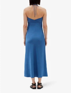 CLAUDIE PIERLOT Ravie Halterneck Gathered Satin Midi Dress -Closet By She R04121202 BLEUS ALT03