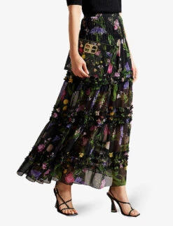 Ted Baker Thieaa Floral-print Tiered Recycled-polyester Maxi Skirt -Closet By She R04122499 BLACK ALT02