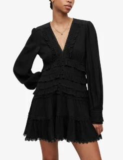 AllSaints Zora Ruffled Woven Mini Dress -Closet By She R04136396 BLACK ALT02