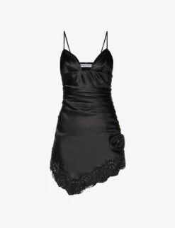 V-neck Lace-trim Silk-blend Mini Dress