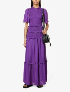 ME AND EM Shirred-bodice Ruffle-trim Silk Maxi Dress -Closet By She R04151485 INTENSEVIOLET ALT01