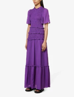 ME AND EM Shirred-bodice Ruffle-trim Silk Maxi Dress -Closet By She R04151485 INTENSEVIOLET ALT02