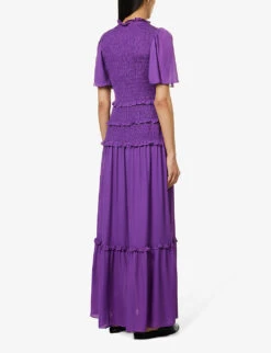 ME AND EM Shirred-bodice Ruffle-trim Silk Maxi Dress -Closet By She R04151485 INTENSEVIOLET ALT03