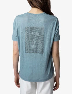 Zadig & Voltaire Wassa Rhinestone Lion-embellished Linen T-shirt -Closet By She R04151985 NUAGE ALT03