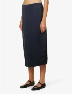 THEORY Mid-rise Split-hem Satin Midi Skirt -Closet By She R04152409 DEEPNAVY ALT02