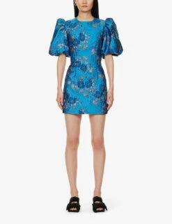 Ganni Puffed-sleeve Open-back Floral-jacquard Woven Mini Dress 9 Ganni Puffed-sleeve Open-back Floral-jacquard Woven Mini Dress -Closet By She R04152899 BRILLIANTBLUE ALT02