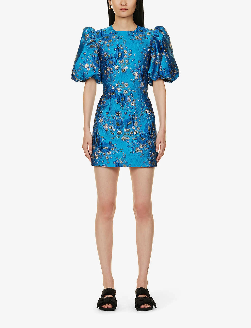 Ganni Puffed-sleeve Open-back Floral-jacquard Woven Mini Dress 5 Ganni Puffed-sleeve Open-back Floral-jacquard Woven Mini Dress - Image 3