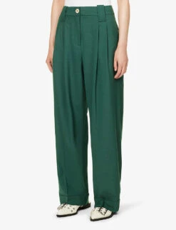 Ganni Drapey Relaxed-fit Straight-leg Mid-rise Recycled Polyester-blend Trousers -Closet By She R04152916 TREKKINGGREEN ALT02