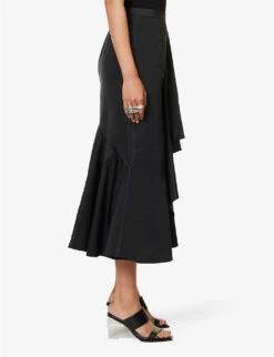 Alexander McQueen Ruffle-trim Asymmetric-hem Woven Midi Skirt -Closet By She R04153271 BLACK ALT02