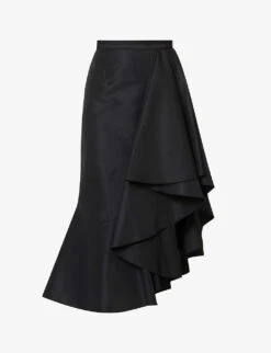 Alexander McQueen Ruffle-trim Asymmetric-hem Woven Midi Skirt