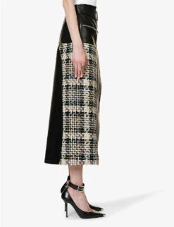 Alexander McQueen Contrast-panel Tweed And Leather Midi Skirt -Closet By She R04154722 BLACKMULTICOLOR ALT02