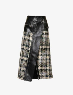 Alexander McQueen Contrast-panel Tweed And Leather Midi Skirt