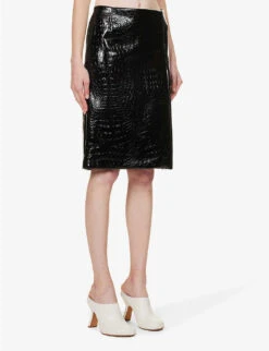 Sportmax Melinda Split-hem Croc-embossed Leather Mini Skirt -Closet By She R04158880 BLACK ALT02