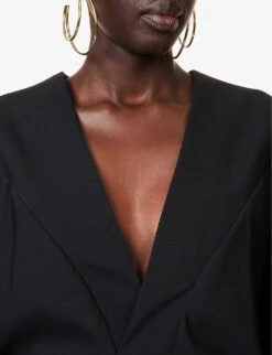 V-neck Gathered Wool-blend Midi Dress -Closet By She R04160122 BLACK ALT04