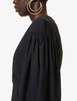 V-neck Gathered Wool-blend Midi Dress -Closet By She R04160122 BLACK ALT05