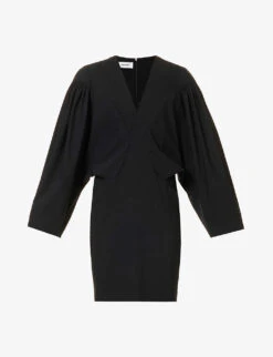 V-neck Gathered Wool-blend Midi Dress