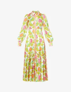 ME AND EM Magnolia Floral-pattern Tiered-hem Satin Maxi Dress