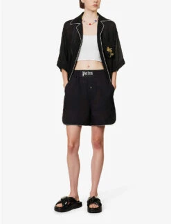 Palm Angels Logo-patch High-rise Linen Shorts -Closet By She R04166266 BLACKBLACK ALT01