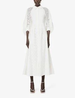 Pat Broderie-patterned Puff-sleeve Regular-fit Cotton Midi Dress -Closet By She R04168612 WHITE ALT02