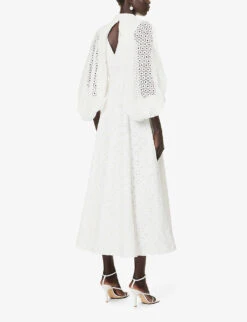 Pat Broderie-patterned Puff-sleeve Regular-fit Cotton Midi Dress -Closet By She R04168612 WHITE ALT03