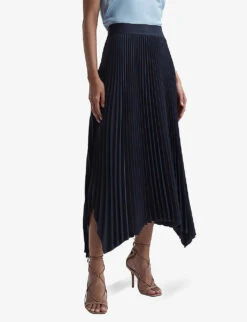 Reiss Jodie Pleated Asymmetric-hem Woven Midi Skirt -Closet By She R04169000 NAVY ALT03