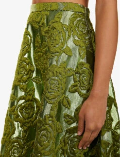 Valentino Floral-pattern Flared-hem Woven Midi Skirt -Closet By She R04169679 CELERYGREEN ALT04