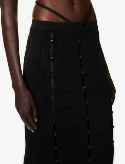 Button Mid-rise Cotton-blend Knitted Maxi Skirt -Closet By She R04170535 BLACK ALT04