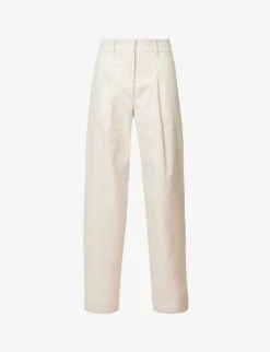 Pleated Structured-waist Straight-leg Mid-rise Cotton Trousers